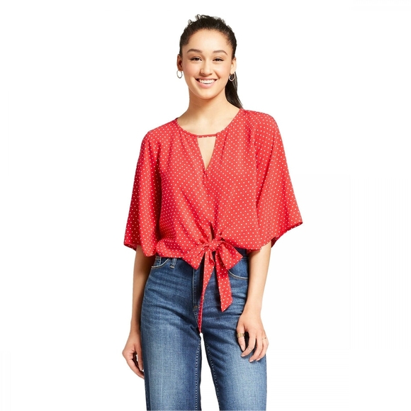Mossimo Supply Co. Tops - Mossimo Supply Co. Women's Red Polka Dot Tie-Front Peasant Blouse Size Small 🐈